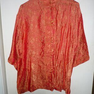 Norm Thompson Button Up Long Tunic Women's L Asian Theme Tangerine Colors